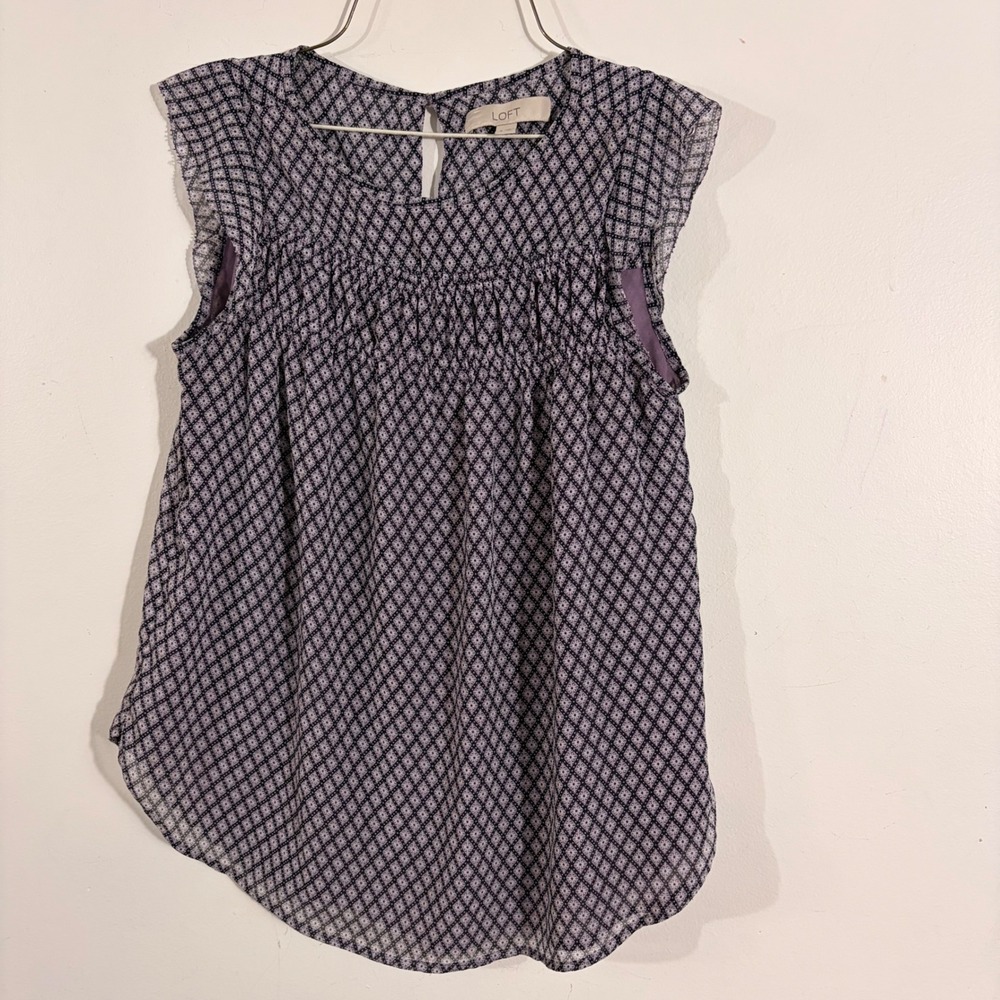 LOFT Blouse Women Small Purple Geometric Smocked Flutter Sleeve  Top